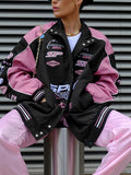 Vintage Black Pink Raglan Moto Jacket with Printed Slogan
