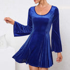 Scoop Neck Bell Sleeve Velvet Fit and Flare Mini Dress
