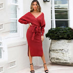 Ribbed Knit Wrap V-Neck Bishop Sleeve Tie Waist Side Slit Midi Dress