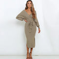 Ribbed Knit Wrap V-Neck Bishop Sleeve Tie Waist Side Slit Midi Dress