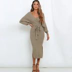 Ribbed Knit Wrap V-Neck Bishop Sleeve Tie Waist Side Slit Midi Dress