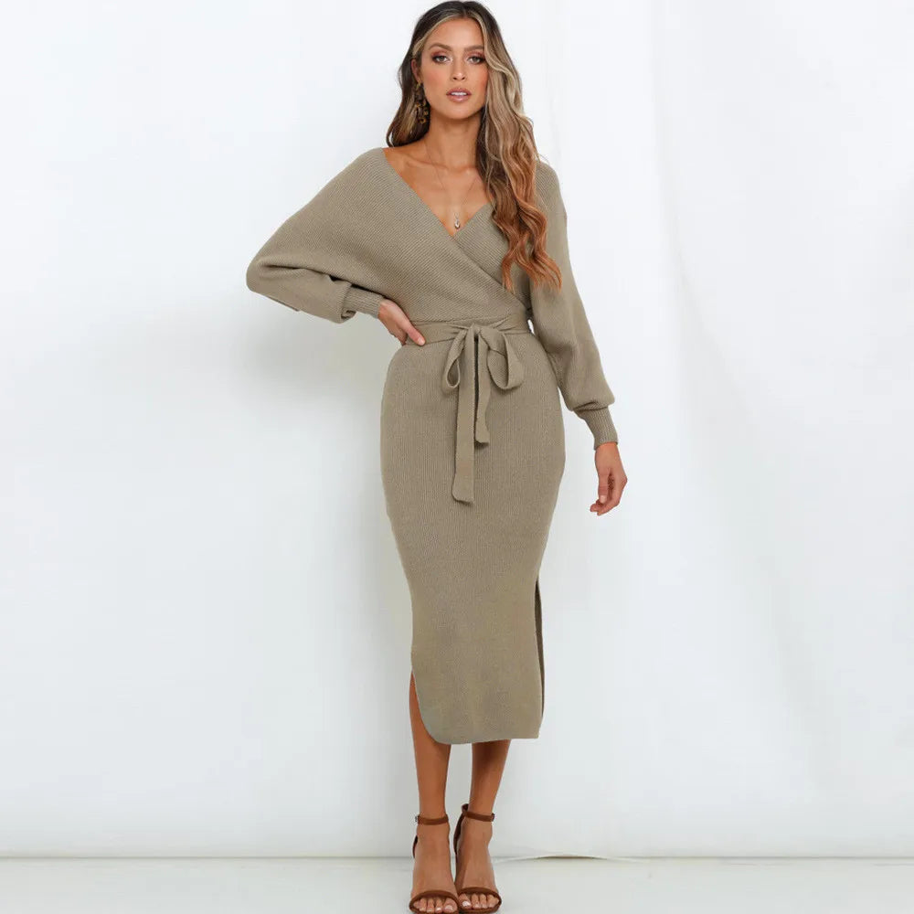 Ribbed Knit Wrap V-Neck Bishop Sleeve Tie Waist Side Slit Midi Dress