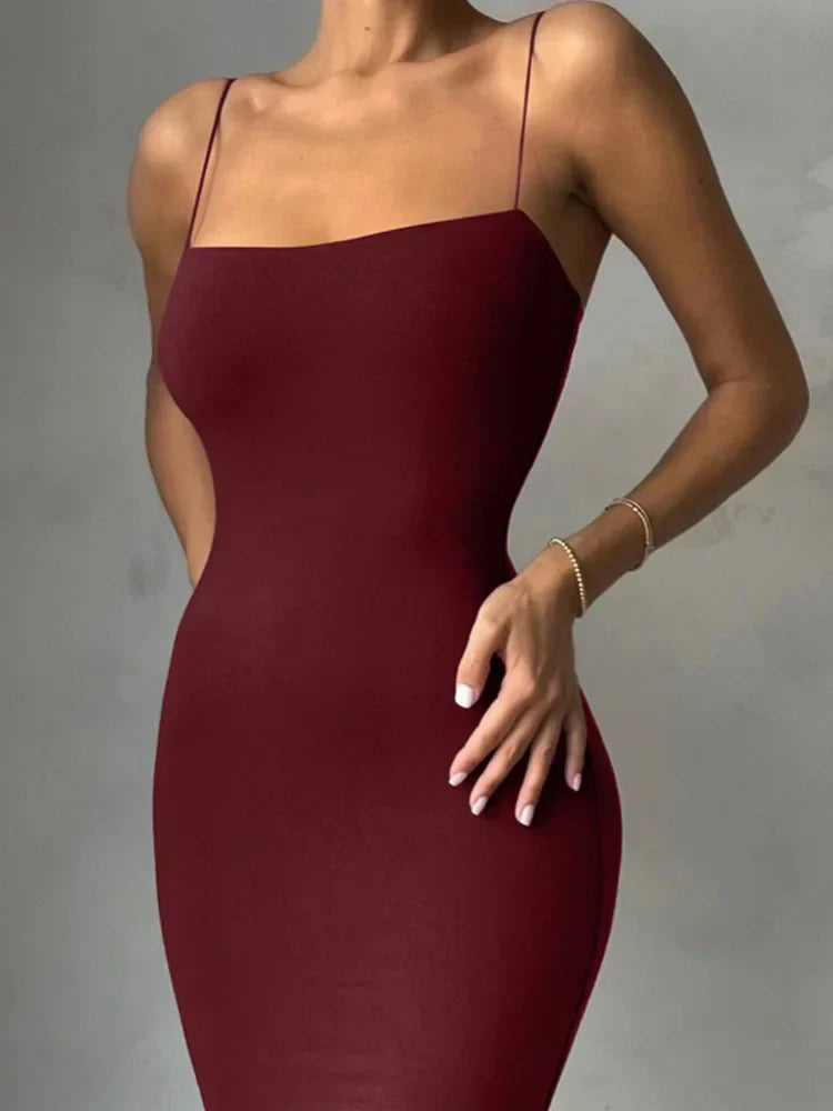 Spaghetti Strap Square Neck Bodycon Midi Dress