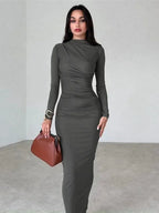 Mock Neck Long Sleeve Ruched Gathered Bodycon Maxi Dress