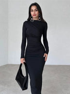 Mock Neck Long Sleeve Ruched Gathered Bodycon Maxi Dress