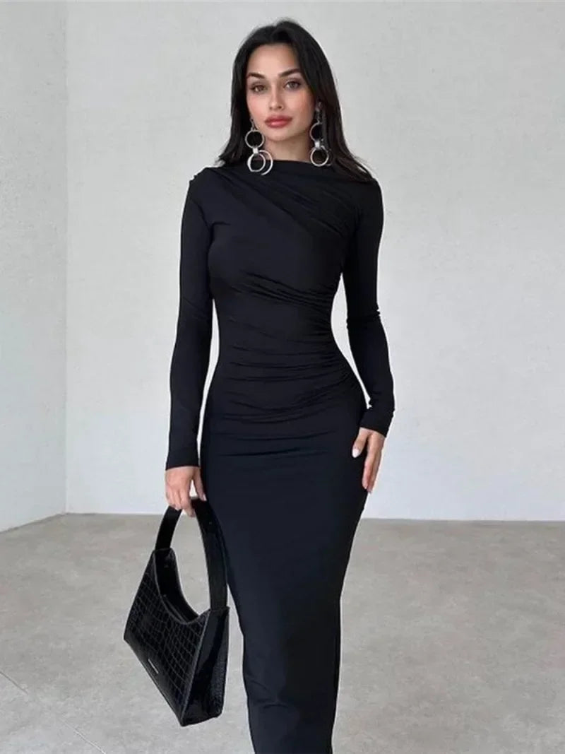 Mock Neck Long Sleeve Ruched Gathered Bodycon Maxi Dress