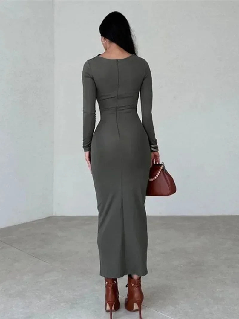 Mock Neck Long Sleeve Ruched Gathered Bodycon Maxi Dress