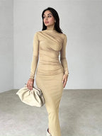 Mock Neck Long Sleeve Ruched Gathered Bodycon Maxi Dress