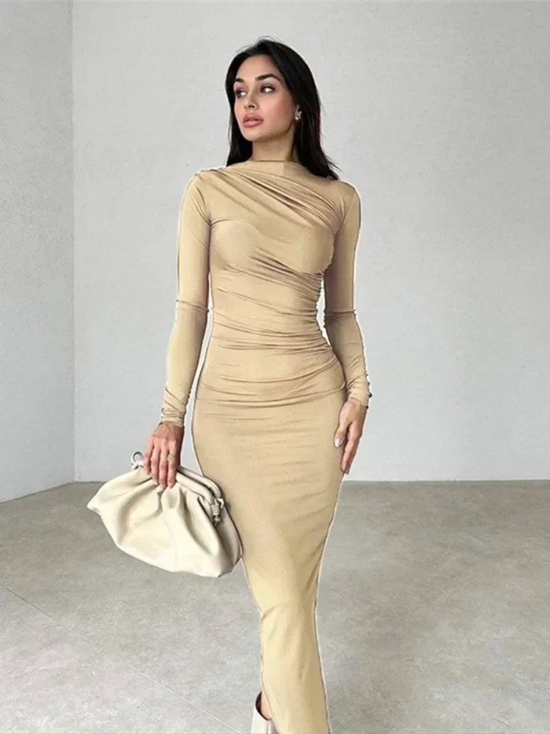Mock Neck Long Sleeve Ruched Gathered Bodycon Maxi Dress
