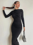 Mock Neck Long Sleeve Ruched Gathered Bodycon Maxi Dress