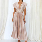Delia Chic V Neck Maxi Dress with Pleats Designer Edit