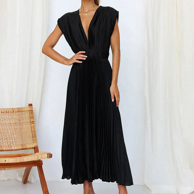 Delia Chic V Neck Maxi Dress with Pleats Designer Edit