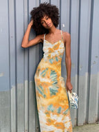Tie-Dye Print Cowl Neck Spaghetti Strap Slip Maxi Dress