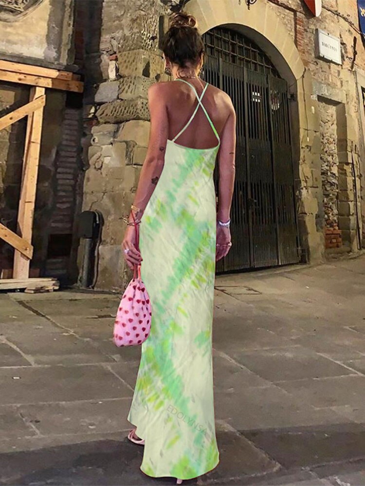 Tie-Dye Print Cowl Neck Spaghetti Strap Slip Maxi Dress