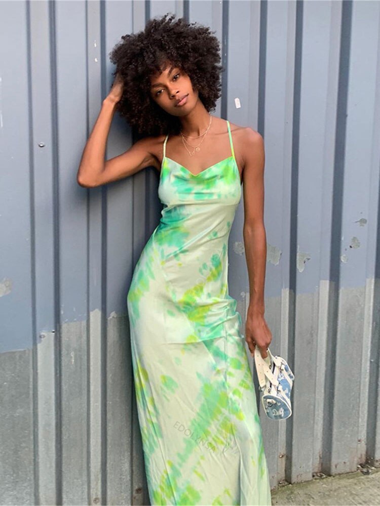 Tie-Dye Print Cowl Neck Spaghetti Strap Slip Maxi Dress