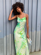 Tie-Dye Print Cowl Neck Spaghetti Strap Slip Maxi Dress