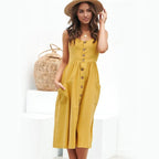 Spaghetti Strap Button Front Gathered Waist Patch Pocket Midi Dress
