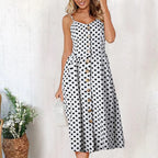Spaghetti Strap Button Front Gathered Waist Patch Pocket Midi Dress