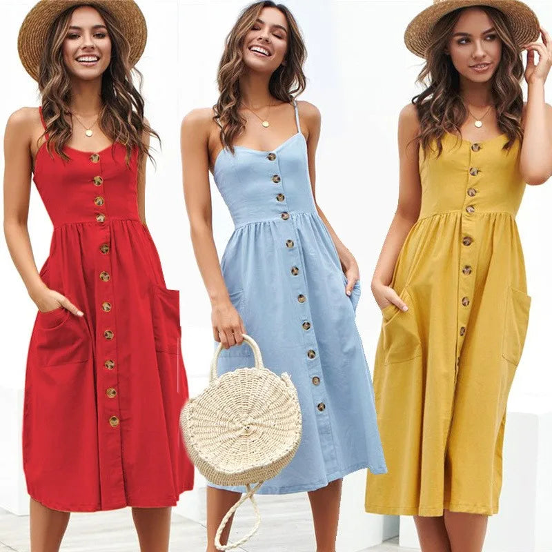 Spaghetti Strap Button Down Patch Pocket A-Line Midi Dress