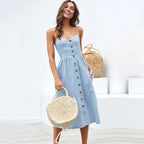 Spaghetti Strap Button Down Patch Pocket A-Line Midi Dress