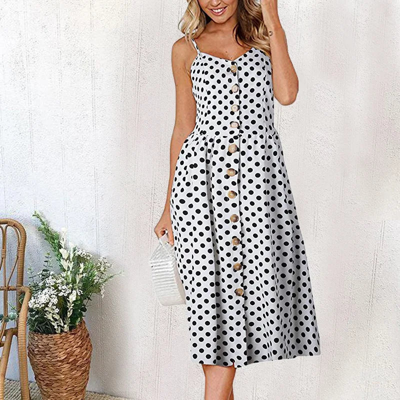 Spaghetti Strap Button Front Gathered Waist Patch Pocket Midi Dress