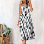 Spaghetti Strap Button Front Gathered Waist Patch Pocket Midi Dress