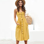 Spaghetti Strap Button Front Gathered Waist Patch Pocket Midi Dress