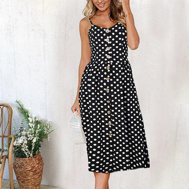 Spaghetti Strap Button Front Gathered Waist Patch Pocket Midi Dress