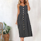 Spaghetti Strap Button Front Gathered Waist Patch Pocket Midi Dress