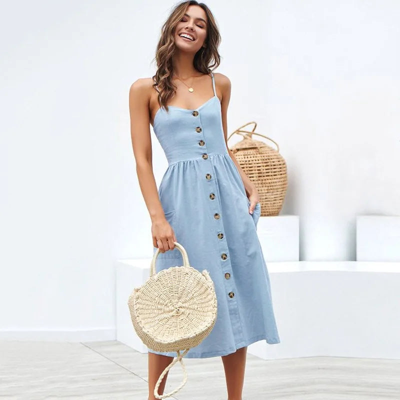Spaghetti Strap Button Front Gathered Waist Patch Pocket Midi Dress