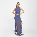 Ruched High Neck Crop Top Ruffle Split Midi Skirt Set