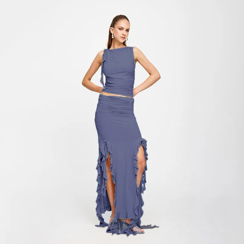 Ruched High Neck Crop Top Ruffle Split Midi Skirt Set