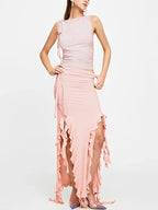 Ruched High Neck Crop Top Ruffle Split Midi Skirt Set
