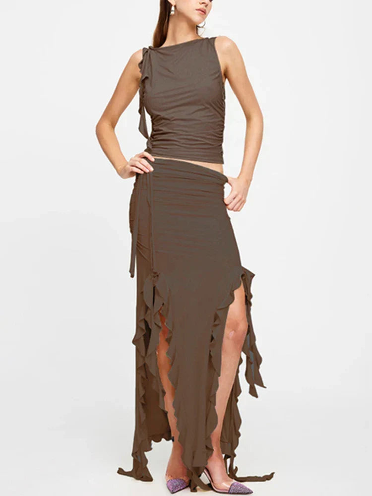Ruched High Neck Crop Top Ruffle Split Midi Skirt Set