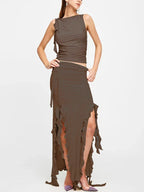 Ruched High Neck Crop Top Ruffle Split Midi Skirt Set