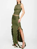 Ruched High Neck Crop Top Ruffle Split Midi Skirt Set