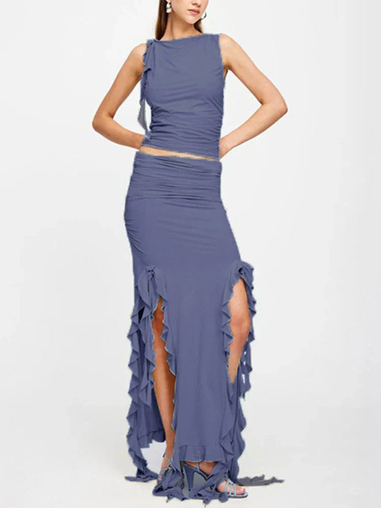 Ruched High Neck Crop Top Ruffle Split Midi Skirt Set