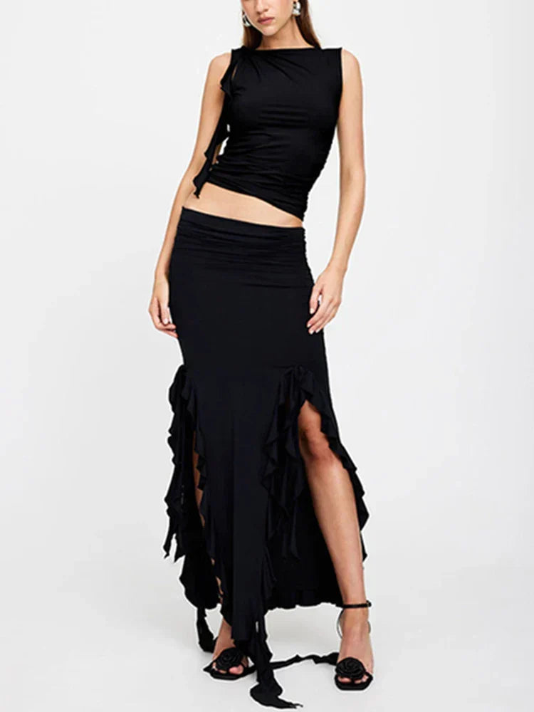 Ruched High Neck Crop Top Ruffle Split Midi Skirt Set