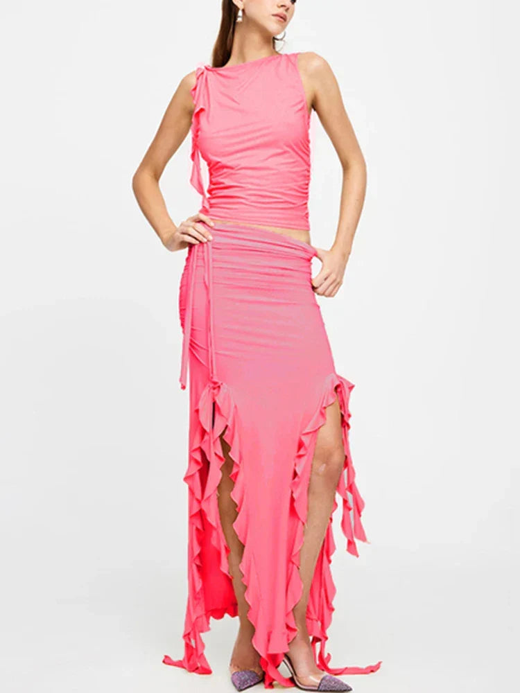Ruched High Neck Crop Top Ruffle Split Midi Skirt Set