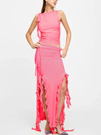 Ruched High Neck Crop Top Ruffle Split Midi Skirt Set