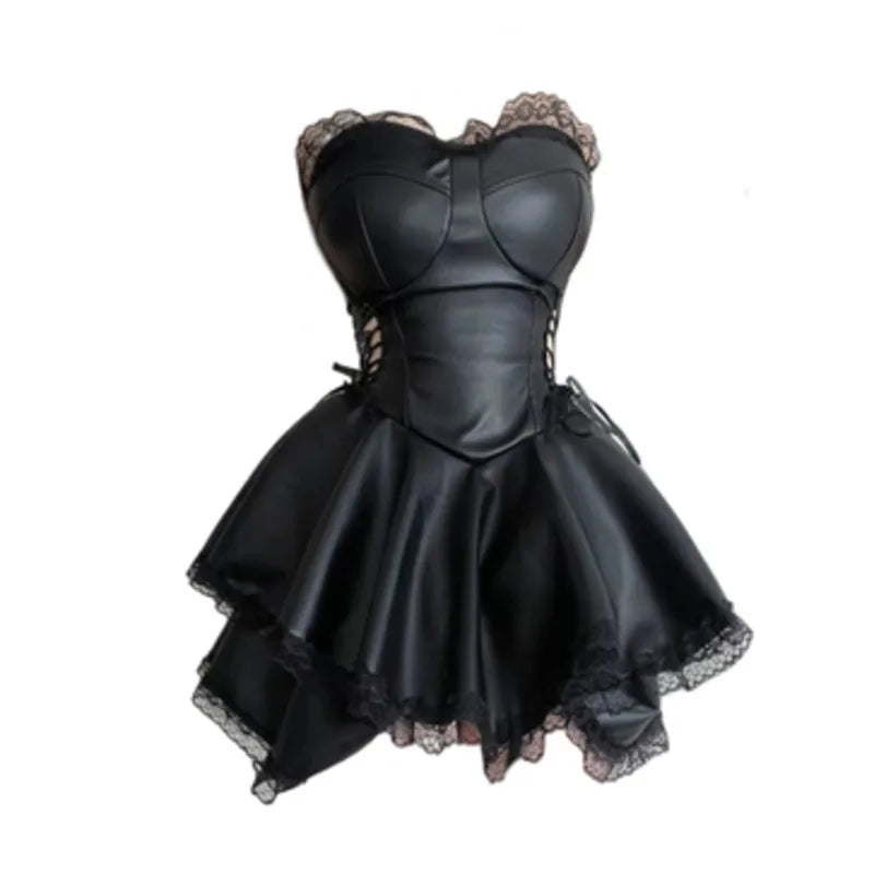 Off Shoulder Faux Leather Corset Lace Trumpet Sleeve Tiered Ruffle Mini Dress