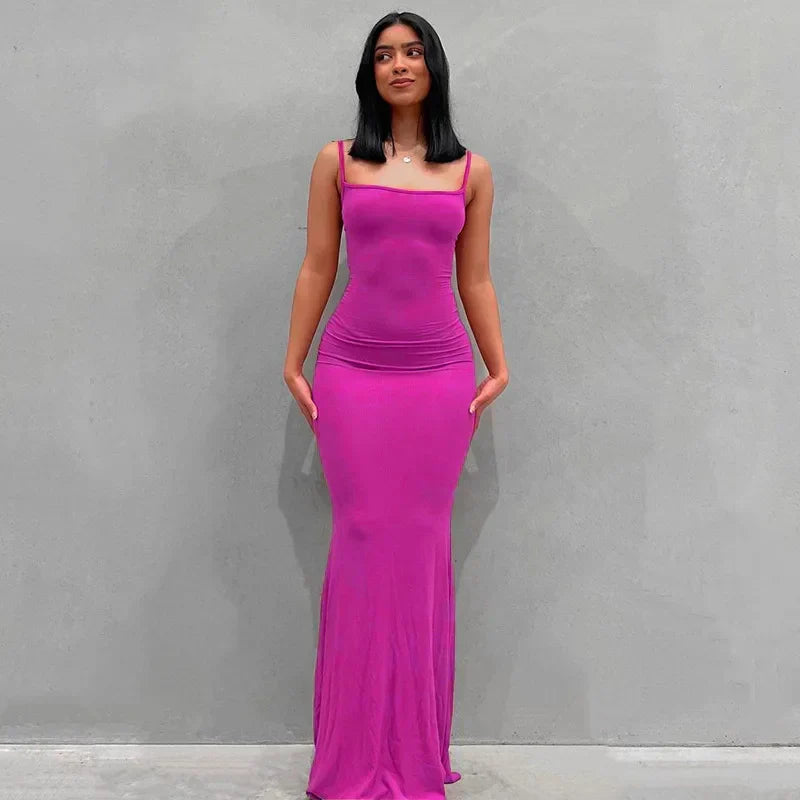 Square Neck Spaghetti Strap Ruched Bodycon Floor Length Maxi Dress