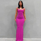 Square Neck Spaghetti Strap Ruched Bodycon Floor Length Maxi Dress