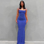 Square Neck Spaghetti Strap Ruched Bodycon Floor Length Maxi Dress