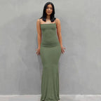 Square Neck Spaghetti Strap Ruched Bodycon Floor Length Maxi Dress