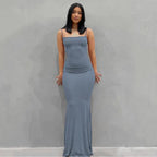 Square Neck Spaghetti Strap Ruched Bodycon Floor Length Maxi Dress