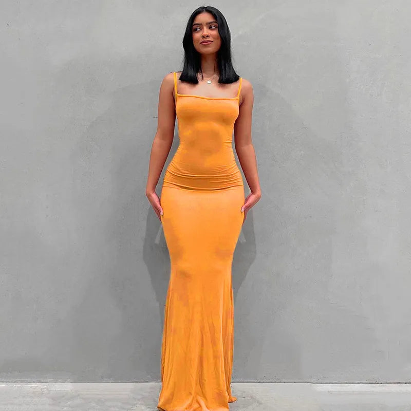 Square Neck Spaghetti Strap Ruched Bodycon Floor Length Maxi Dress
