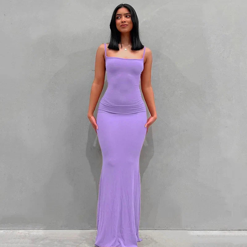 Square Neck Spaghetti Strap Ruched Bodycon Floor Length Maxi Dress