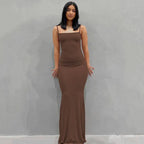 Square Neck Spaghetti Strap Ruched Bodycon Floor Length Maxi Dress