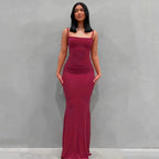 Square Neck Spaghetti Strap Ruched Bodycon Floor Length Maxi Dress